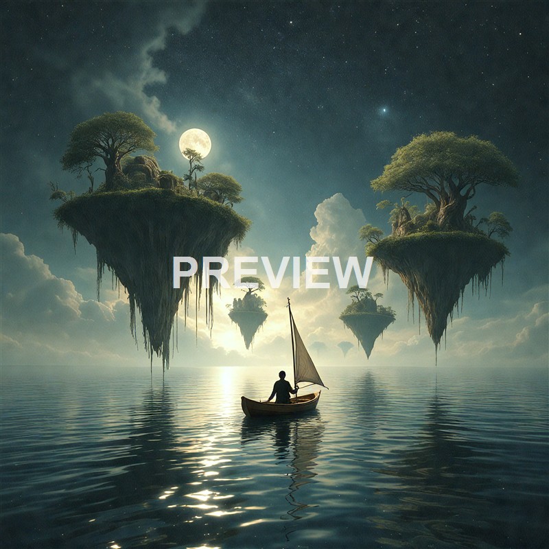 A person in a small boat sailing on calm waters under a starry night sky with floating islands covered in trees, illuminated by a bright full moon.